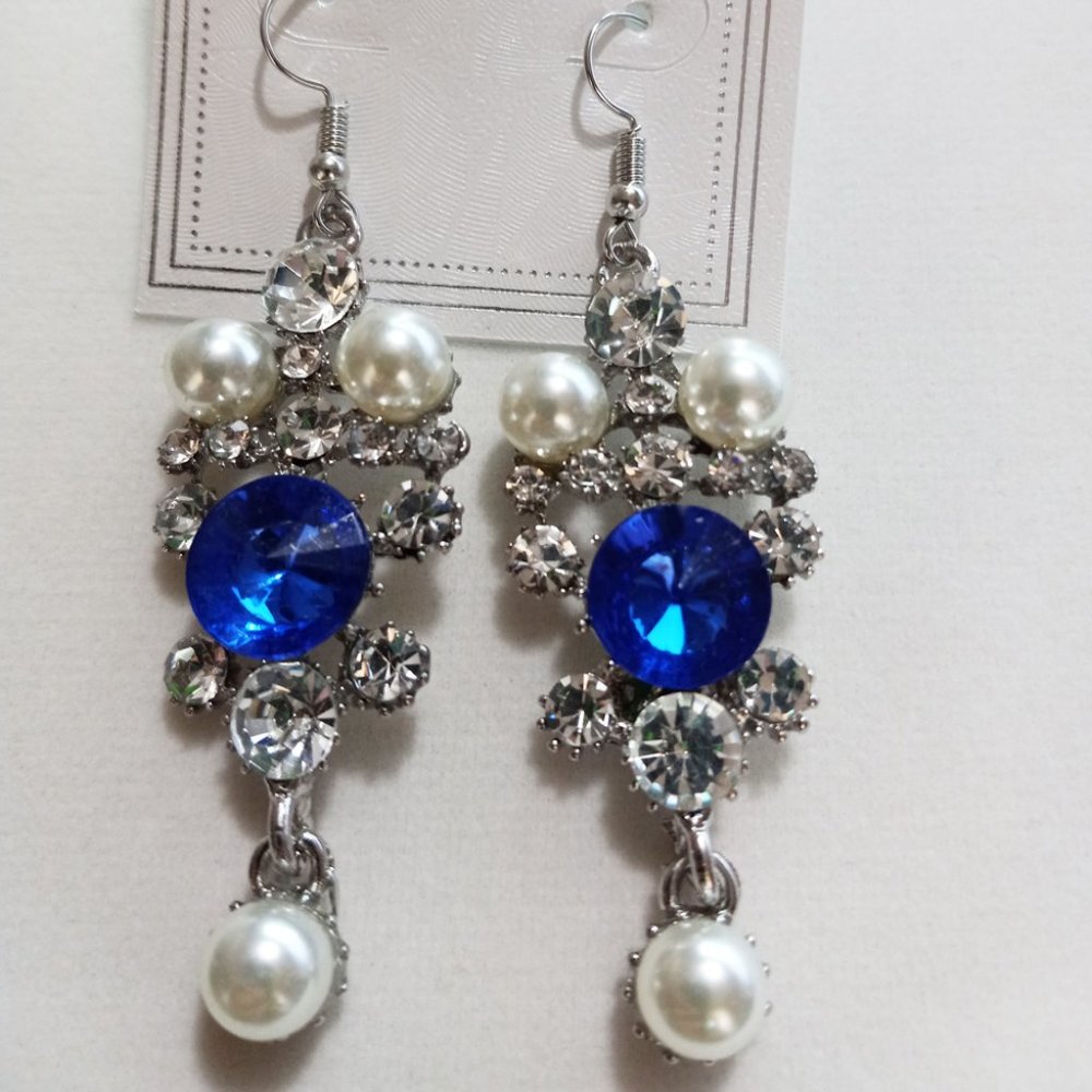 3/$18 - Blue Crystal Stone Earring w/ Gemstone & Pearls -  Mix & Match